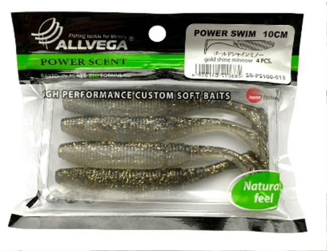 Виброхвост ALLVEGA Power Swim 10см 9гр 4шт/уп #013 gold shine minnow