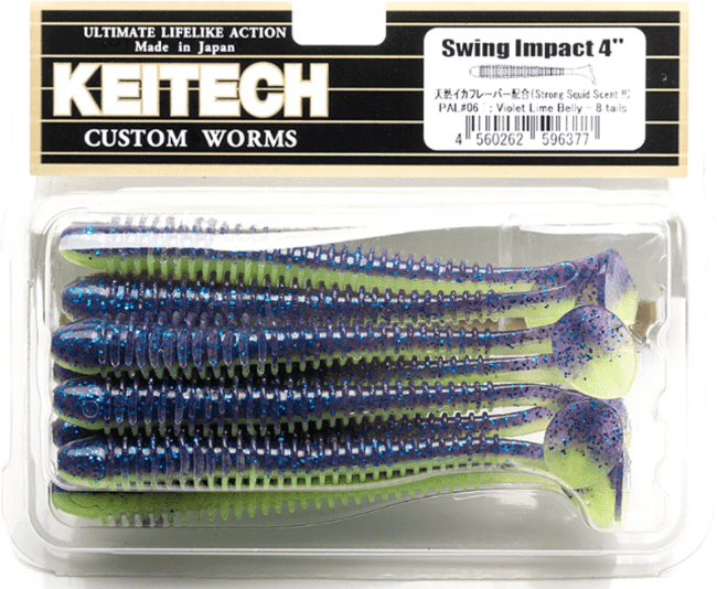 Виброхвост KEITECH Swing Impact 4" PAL#06 Violet Lime Belly 10см 4.75гр 8шт/уп