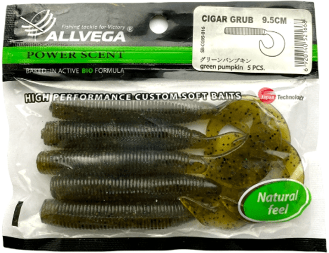 Твистер ALLVEGA Cigar Grub 9.5см 7.5гр 5шт/уп #016 green pumpkin