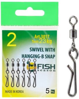 Вертлюжок с быстросъёмной застежкой FISH SEASON Hanging-B №2 23кг 5шт/уп 3017-02F Вертлюжок с быстросъёмной застежкой FISH SEASON Hanging-B №2 23кг 5шт/уп 3017-02F