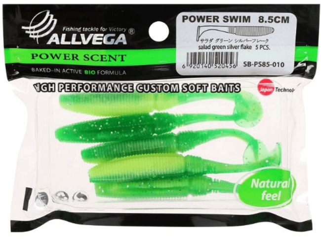 Виброхвост ALLVEGA Power Swim 8.5см 5.5гр 5шт/уп #010 salad green silver flake Виброхвост ALLVEGA Power Swim 8.5см 5.5гр 5шт/уп #010 salad green silver flake