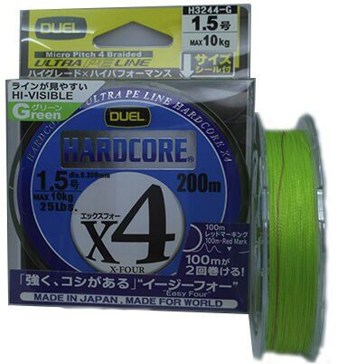 Плетёный шнур DUEL PE Hardcore X4 200м Green #1.2/0.191мм 9.0кг H3243-G Плетёный шнур DUEL PE Hardcore X4 200м Green #1.2/0.191мм 9.0кг H3243-G