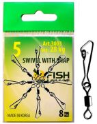 Вертлюжок с застежкой FISH SEASON Hooked №5 28кг 8шт/уп 3003-05F