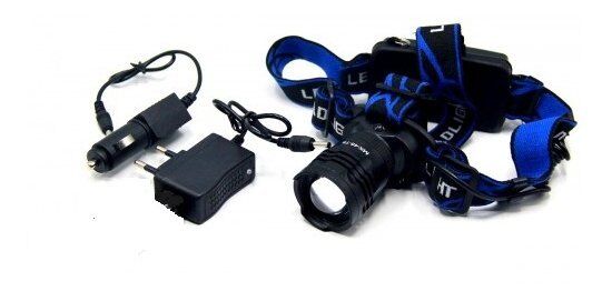 Фонарь налобный GL-24 линза, зум, 3 аккумулятора USB-зарядка
