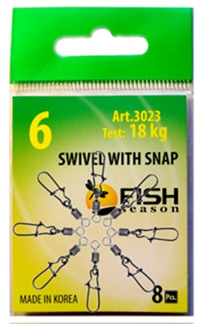 Вертлюжок с застежкой FISH SEASON Swivel With Snap №6 18кг 8шт/уп 3023-08F09
