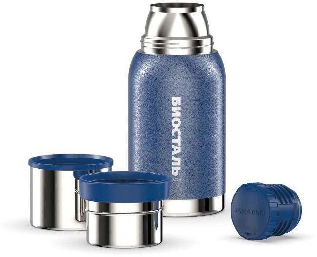 Термос BIOSTAL Охота с узкой горловиной, 2 чашки Синий 0.75л NBA-750B