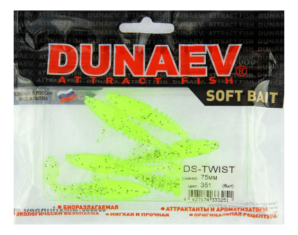 Приманка DS-TWIST 75мм 6шт/уп, цвет (351) шартрез, блестки черные Приманка DS-TWIST 75мм 6шт/уп, цвет (351) шартрез, блестки черные