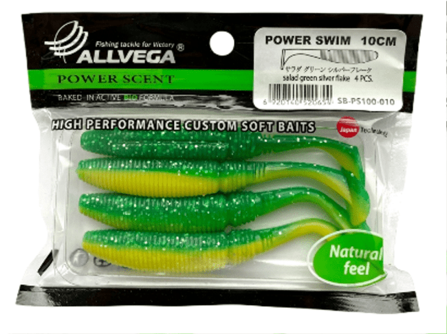 Виброхвост ALLVEGA Power Swim 10см 9гр 4шт/уп #010 salad green silver flake Виброхвост ALLVEGA Power Swim 10см 9гр 4шт/уп #010 salad green silver flake