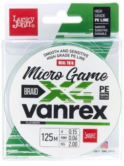 Плетёный шнур LUCKY JOHN Vanrex Micro Game X4 Braid Fluo Green #0.15/0.06мм 2кг LJ4115-006