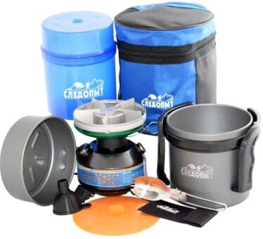 Плита портативная бензиновая СЛЕДОПЫТ Гефест + походный набор посуды (PF-GSP-G02)