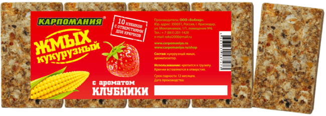 Жмых кукурузный кубики КАРПОМАНИЯ с ароматом Клубники 10шт/уп