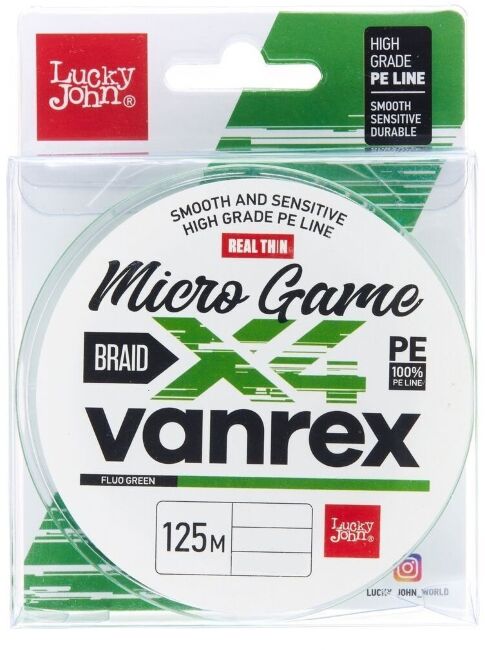 Плетёный шнур LUCKY JOHN Vanrex Micro Game X4 Braid Fluo Green #0.2/0.08мм 2.5кг LJ4115-008 Плетёный шнур LUCKY JOHN Vanrex Micro Game X4 Braid Fluo Green #0.2/0.08мм 2.5кг LJ4115-008