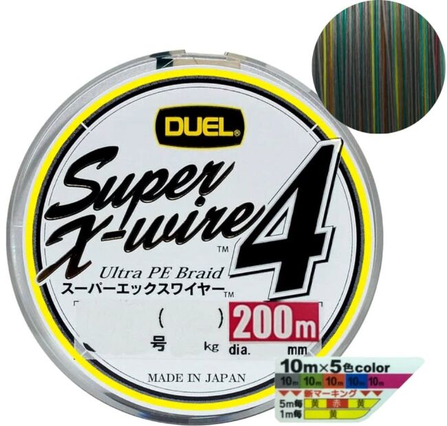 Плетёный шнур DUEL PE Super X-Wire 4 200м #1.2/0.19мм 9.0кг 5Color-Yellow Marking H3591N-5CR