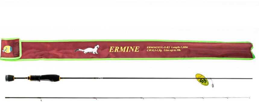 Удилище спиннинговое ERMINE, цельная верш.,длина 1,68 м тест  0.3-1.0 г (рукоять разнес.) Удилище спиннинговое ERMINE, цельная верш.,длина 1,68 м тест  0.3-1.0 г (рукоять разнес.)