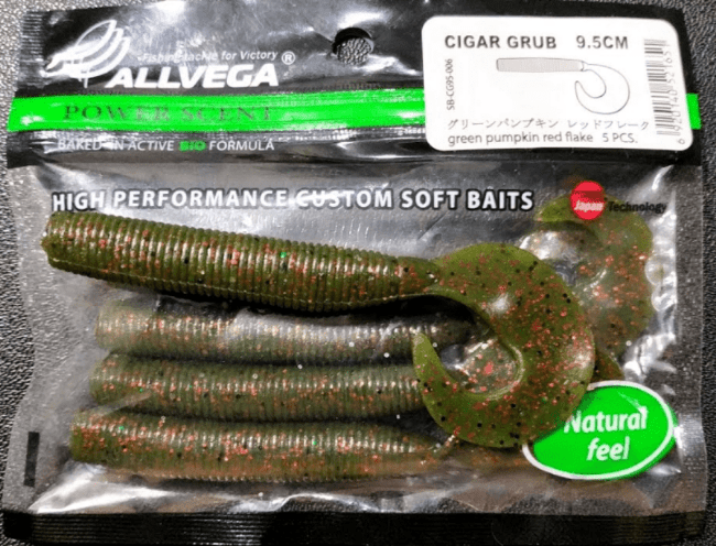 Твистер ALLVEGA Cigar Grub 9.5см 7.5гр 5шт/уп #006 green pumpkin red flake