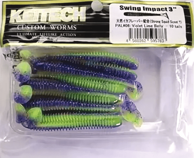 Виброхвост KEITECH Swing Impact 3" PAL#06 Violet Lime Belly 7.5см 2.2гр 10шт/уп