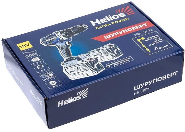 Шуруповерт-электробур HELIOS 18V/6A/120Нм аккумулятор 2шт, ручка HS-LB176