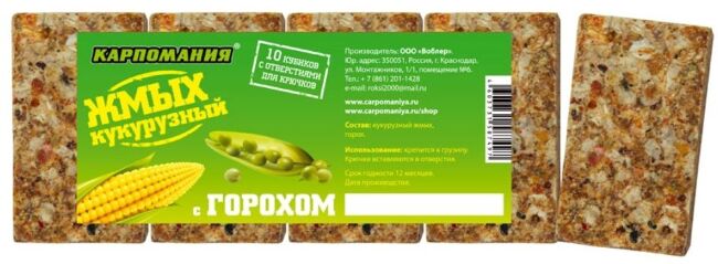 Жмых кукурузный кубики КАРПОМАНИЯ с ароматом Гороха 10шт/уп