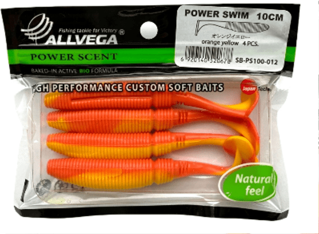 Виброхвост ALLVEGA Power Swim 10см 9гр 4шт/уп #012 orange yellow