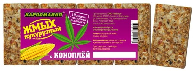 Жмых кукурузный кубики КАРПОМАНИЯ с ароматом Конопля 10шт/уп