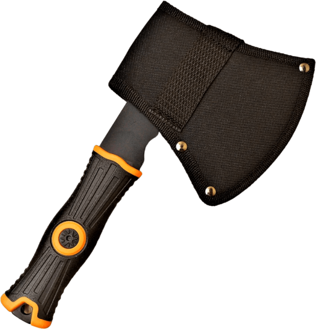 Топор туристический СЛЕДОПЫТ 240*130*85 мм 350 гр обрез.ручка с оранж. вставками в чехле PF-AT-09