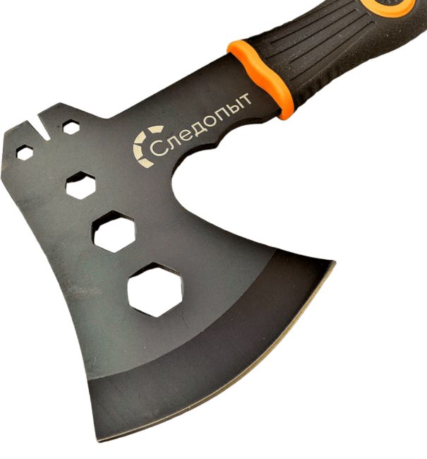 Топор туристический СЛЕДОПЫТ 240*130*85 мм 350 гр обрез.ручка с оранж. вставками в чехле PF-AT-09