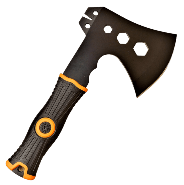 Топор туристический СЛЕДОПЫТ 240*130*85 мм 350 гр обрез.ручка с оранж. вставками в чехле PF-AT-09