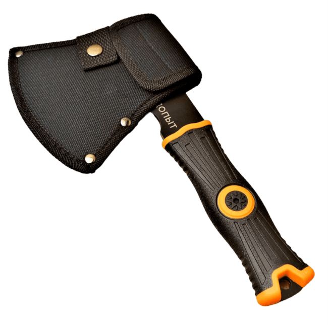 Топор туристический СЛЕДОПЫТ 240*130*85 мм 350 гр обрез.ручка с оранж. вставками в чехле PF-AT-09