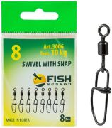 Вертлюжок с застежкой FISH SEASON Insurance №8 10кг 8шт/уп 3006-08F Вертлюжок с застежкой FISH SEASON Insurance №8 10кг 8шт/уп 3006-08F