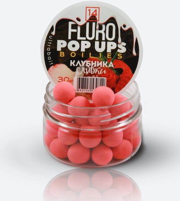 Бойлы плавающие ULTRABAITS Fluoro Pop Up Клубника Сливки 14мм, 30гр/уп