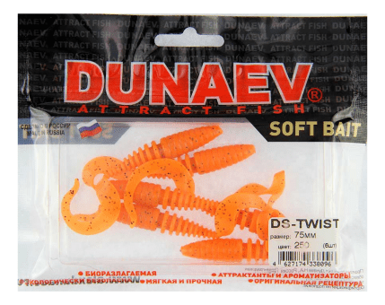 Приманка DS-TWIST 75мм 6шт/уп, цвет (250) морковный, блестки черные Приманка DS-TWIST 75мм 6шт/уп, цвет (250) морковный, блестки черные