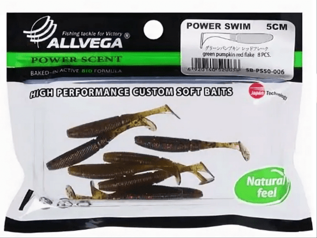 Виброхвост ALLVEGA Power Swim 5см 1гр 8шт/уп #006 green pumpkin red flake Виброхвост ALLVEGA Power Swim 5см 1гр 8шт/уп #006 green pumpkin red flake