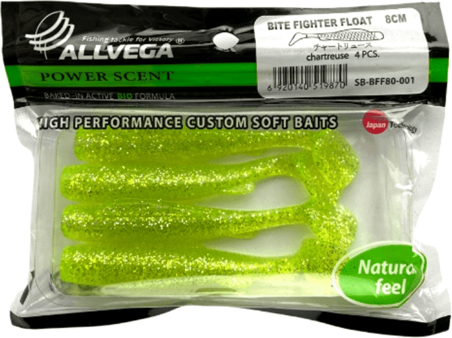 Виброхвост ALLVEGA Bite Fighter Float 8см 4.9гр 4шт/уп #001 chartreuse