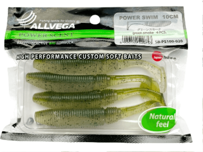 Виброхвост ALLVEGA Power Swim 10см 9гр 4шт/уп #020 green smoke