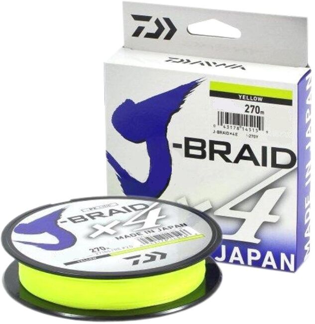 Плетёный шнур DAIWA J-Braid X4 270м 0,17мм 8.4кг флуор-желтый Плетёный шнур DAIWA J-Braid X4 270м 0,17мм 8.4кг флуор-желтый