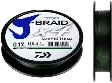 Плетёный шнур DAIWA J-Braid X4 135м 0,15мм 6.9кг темно-зеленый Плетёный шнур DAIWA J-Braid X4 135м 0,15мм 6.9кг темно-зеленый