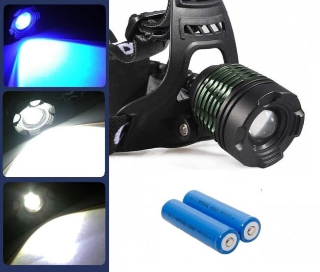 Фонарь налобный YYC-2188-2 линза, зум, белое/синее свечение зарадка:авто/220в