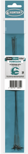 Поводок КОНТАКТ Струна с вертлюгом STRv 6.5кг 25см Ø0.3мм 10шт/уп