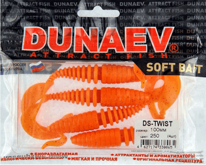 Приманка DS-TWIST 100мм 4шт/уп, цвет (250) морковный, блестки черные Приманка DS-TWIST 100мм 4шт/уп, цвет (250) морковный, блестки черные