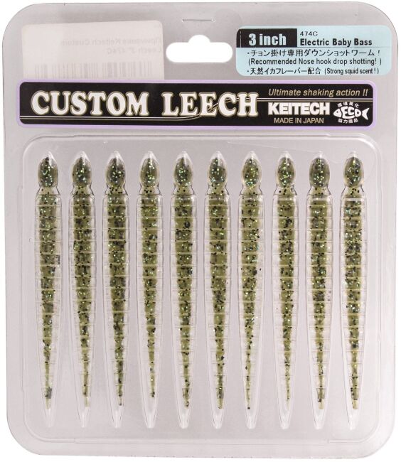 Силиконовая приманка KEITECH Custom Leech 3" #474C Electric Baby Bass 7.5см 1.3гр 10шт/уп