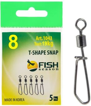 Вертлюжок с застежкой FISH SEASON T-Shape Snap №8 19кг 5шт/уп 1043-08F Вертлюжок с застежкой FISH SEASON T-Shape Snap №8 19кг 5шт/уп 1043-08F