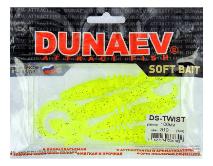 Приманка DS-TWIST 100мм 4шт/уп, цвет (310) желтый, блестки черные Приманка DS-TWIST 100мм 4шт/уп, цвет (310) желтый, блестки черные