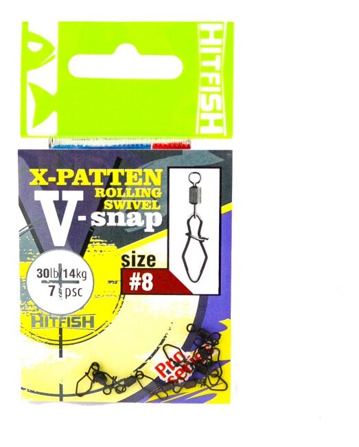 Вертлюг с застёжкой HITFISH X-Patten Rolling Swivel V-Snap №8 14кг 7шт/уп